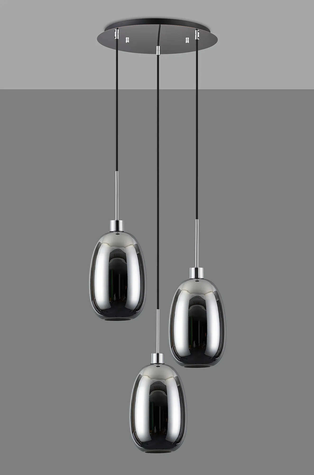 Lori 40cm Round Pendant, 3 Light Adjustable E27, Polished Chrome/Chrome Slim Curved Trapezium Shades DK1268  Deco Lori Polished Chrome